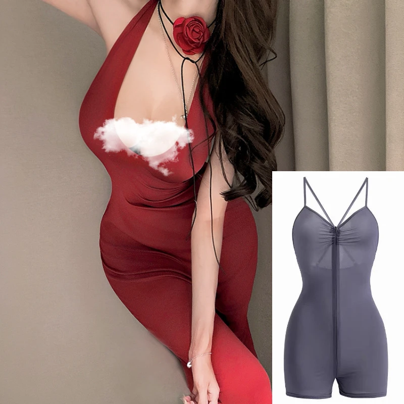 性感吊带深V连体拉链瑜伽裤连身衣套装纯欲风法式显瘦睡裙包臀裙