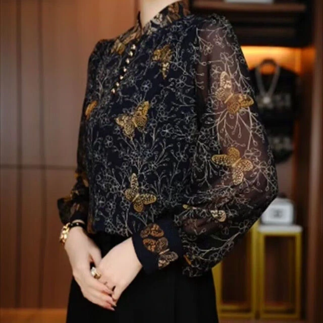 【春夏】新款时尚气质印花女衬衫减龄显瘦设计感舒适透气小衫上衣