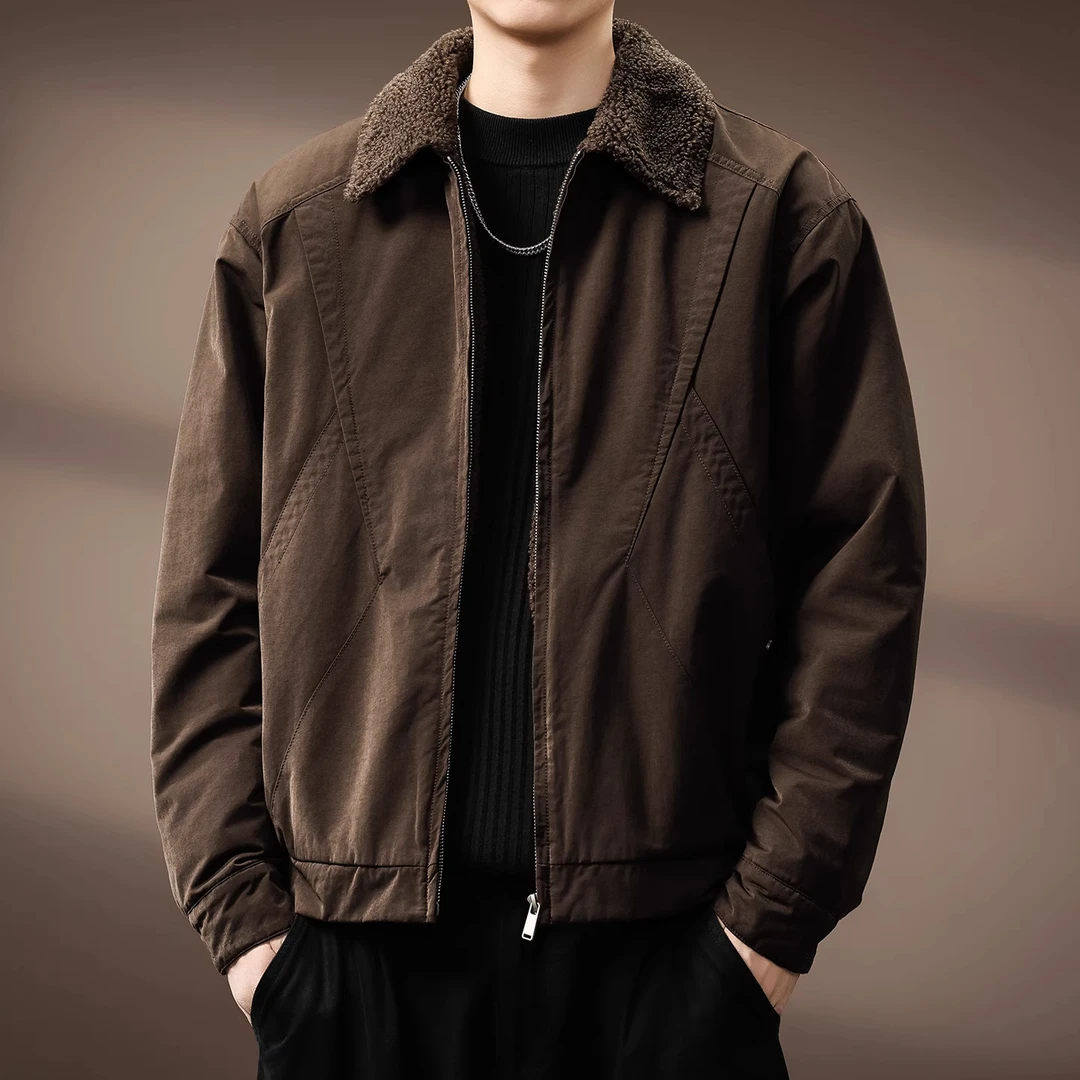 座山雕毛领羊羔绒工装棉服男士冬季高端美式重磅棉衣保暖棉袄外套