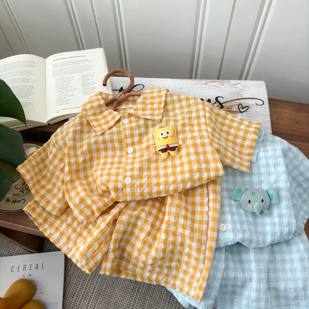 卡通风格子中性男女夏季薄款男套装外套衬衫艺术风