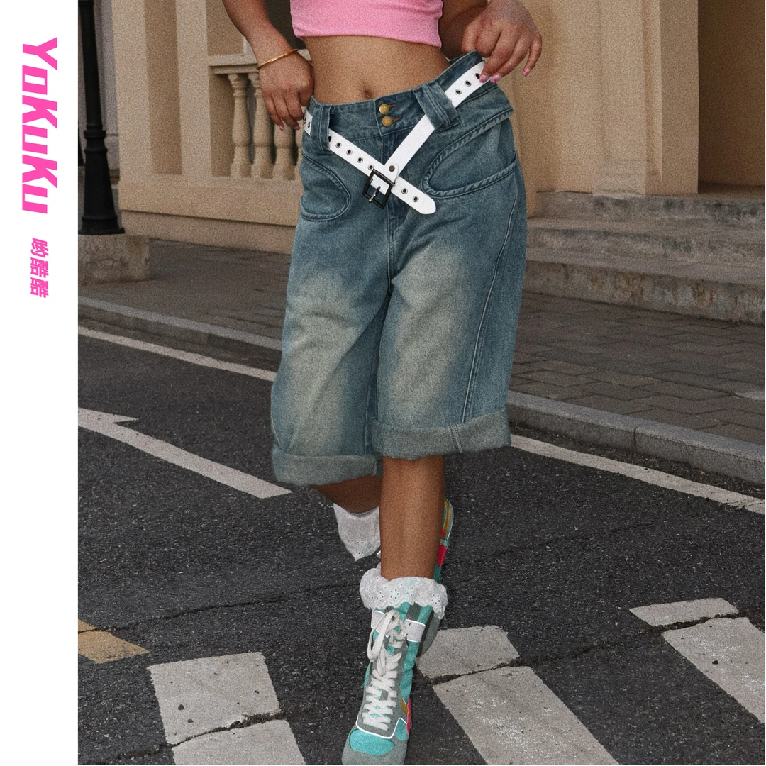 哟酷酷（花样年华）美式做旧圆弧口袋中低腰百搭八分裤牛仔中裤149