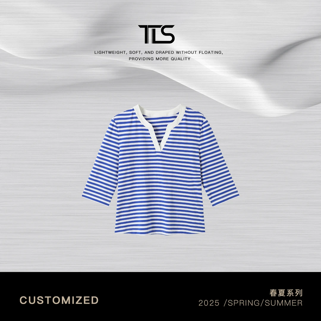 TT【海岸线】百搭显瘦经典海魂衫V领蓝条纹T恤TT-11CT057