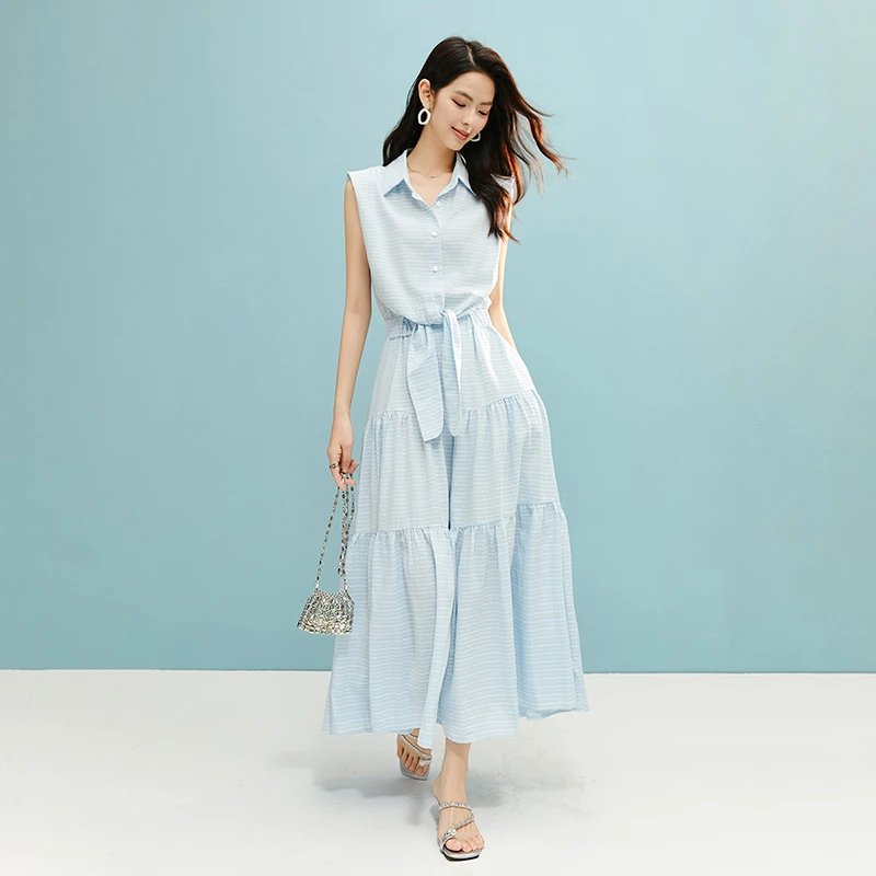 晚白2025夏季款简约婴儿蓝裙子独特高腰系带大摆连衣裙25030613