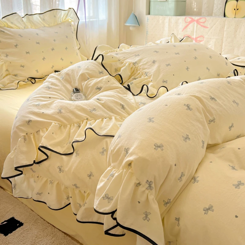 韩版云感针织双层纱大花边超软四件套公主风少女心床上四件套