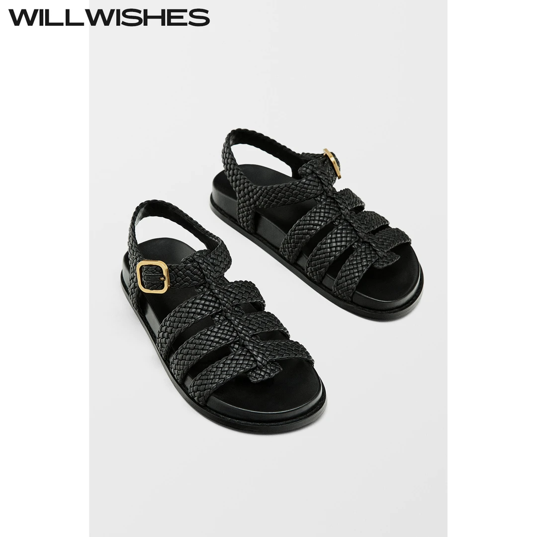 WILLWISHES/王玎设计罗马凉鞋女厚底一脚蹬编织带平底鞋休闲凉拖
