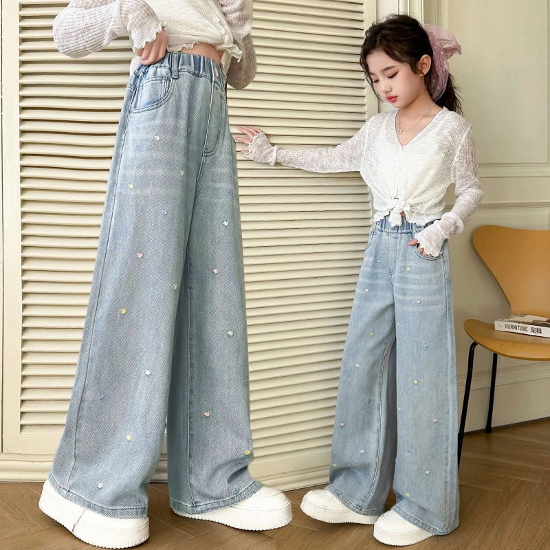 女童牛仔裤春秋款2025新款裤子女大童初中生青少年女孩春秋阔腿裤