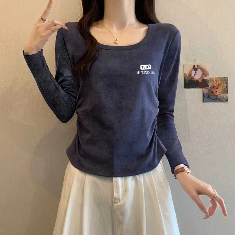 秋季方领纯棉扎染正肩长袖t恤女收腰辣妹风短款U领打底衫内搭上衣