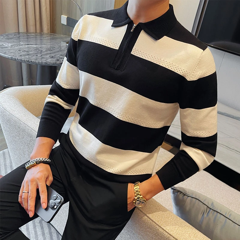 高级感条纹翻领拉链针织毛衣男款爆款2025新款秋冬时尚打底衫男