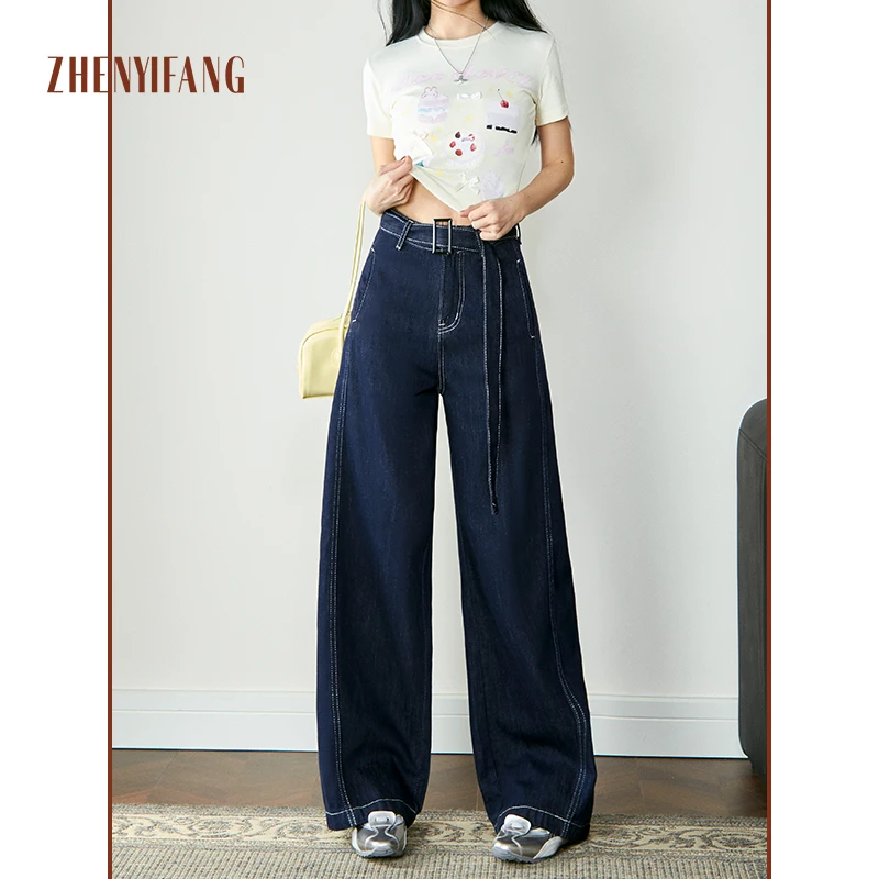 丹宁蓝弯刀牛仔裤女2025新款高腰阔腿宽松拖地裤&九分长裤加长