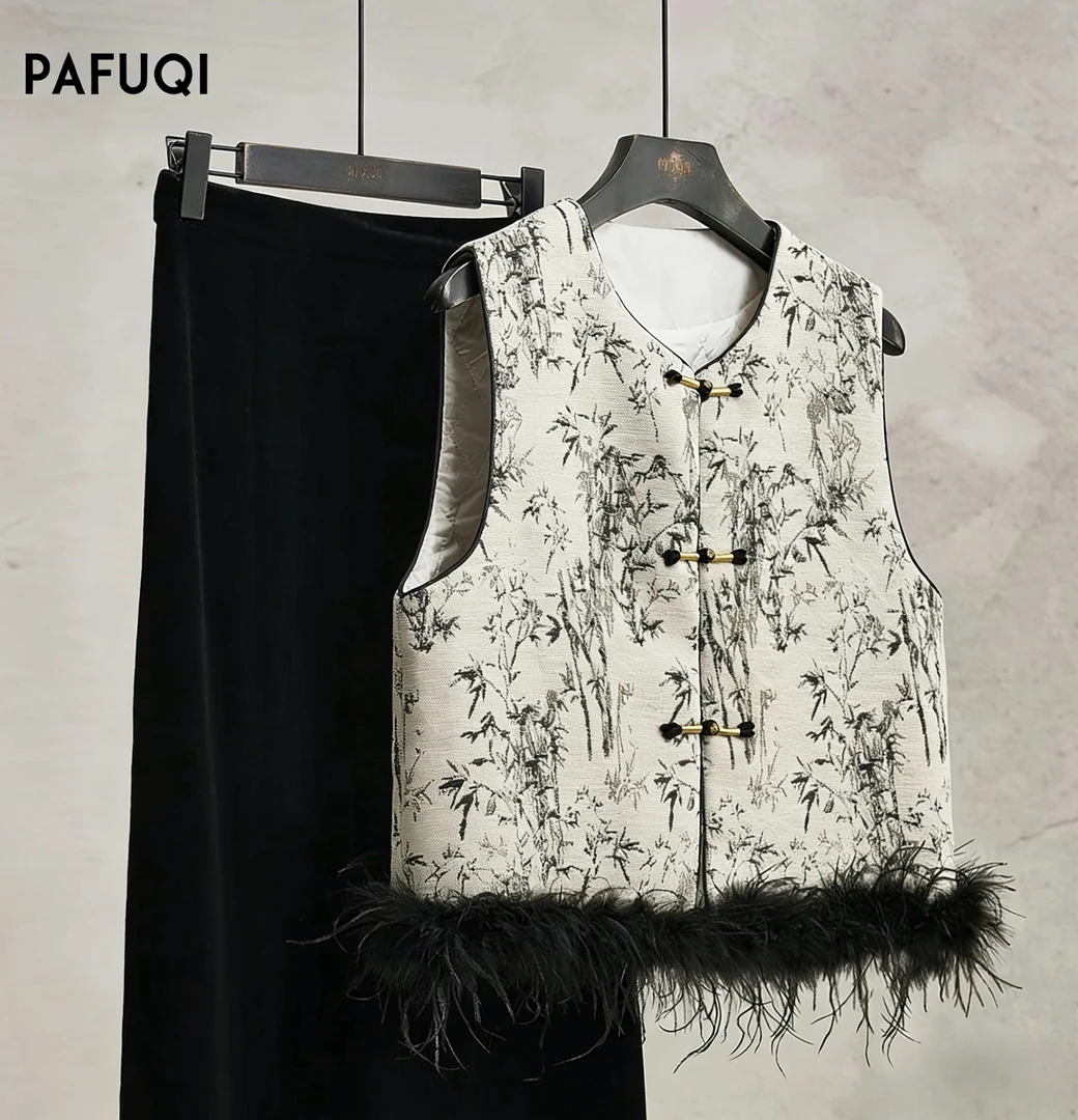 【墨竹】高端水墨洋气新中式真毛马甲夹棉圆领鸵鸟毛轻奢国风