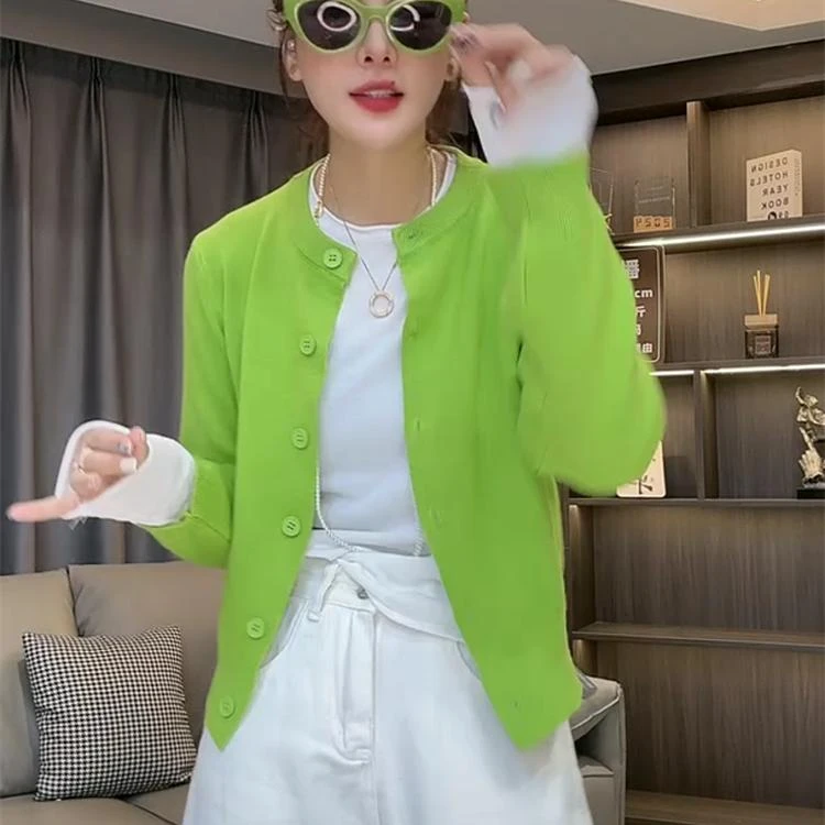 韩系外搭针织开衫女长袖绿色外套2025春季小个子软糯宽松短款上衣