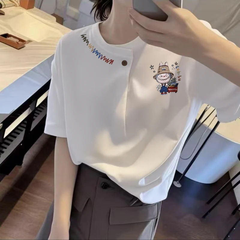 欧货设计感白色短袖上衣女夏季新款气质显瘦T恤内搭纽扣打底衫ins