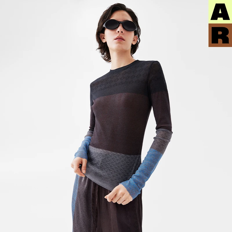 AR织锦纹网纱打底衫撞色修身长袖2025新款高级感内搭AlmondRocks