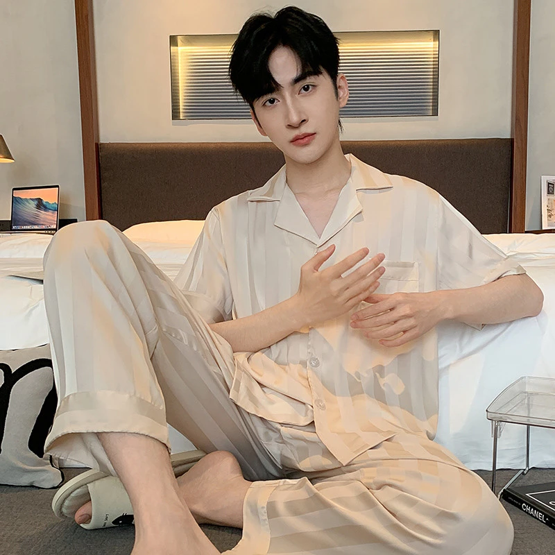 潮牌轻奢大码睡衣男夏季2025新款薄款冰丝短袖长裤套装夏天家居服