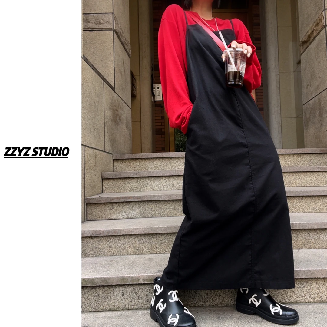 【ZZYZ】“希伯来琴键”黑色日系吊带背带外搭叠穿宽松简约基础长裙