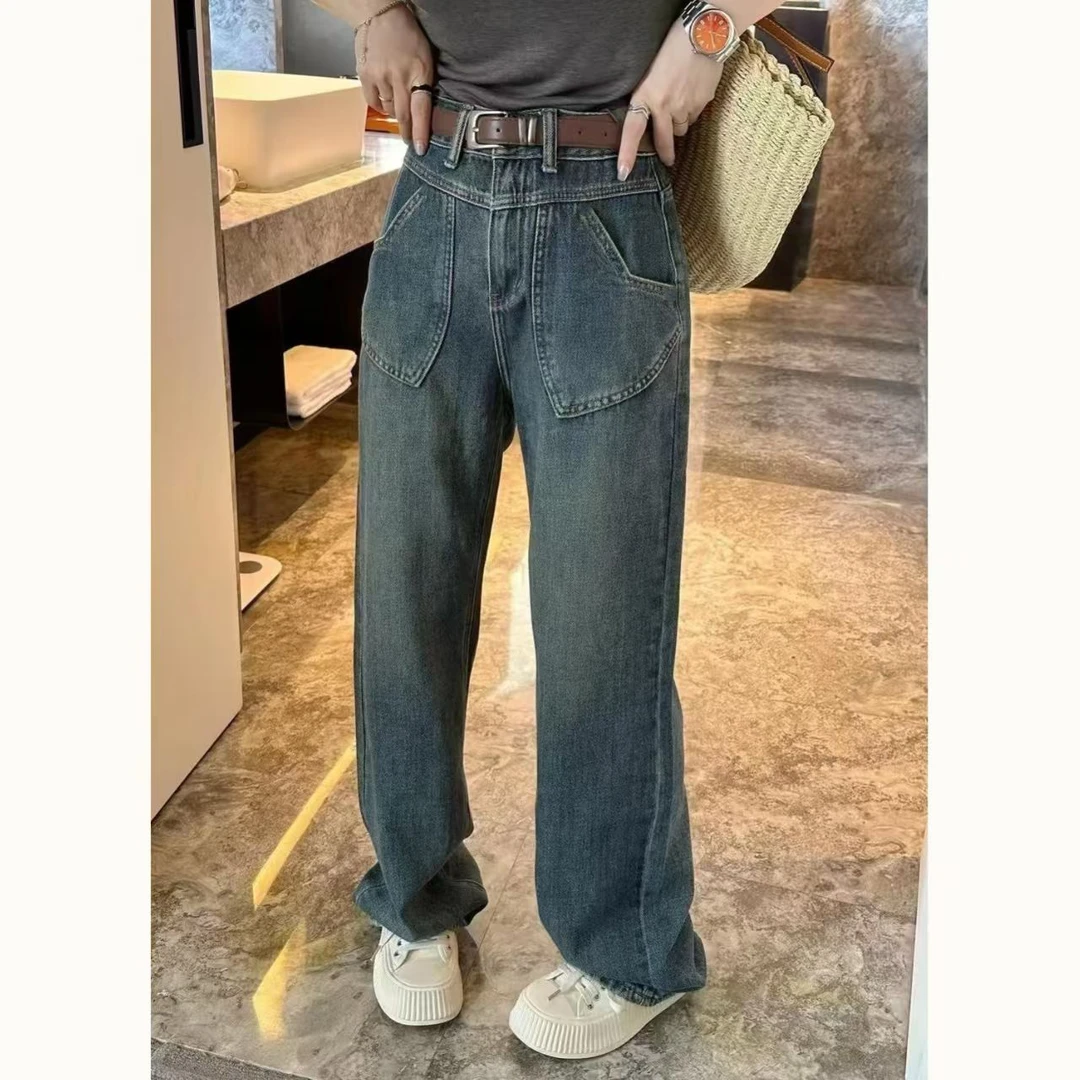 Q25 92717 直筒牛仔裤梨形身材高腰宽松显瘦阔腿长裤子
