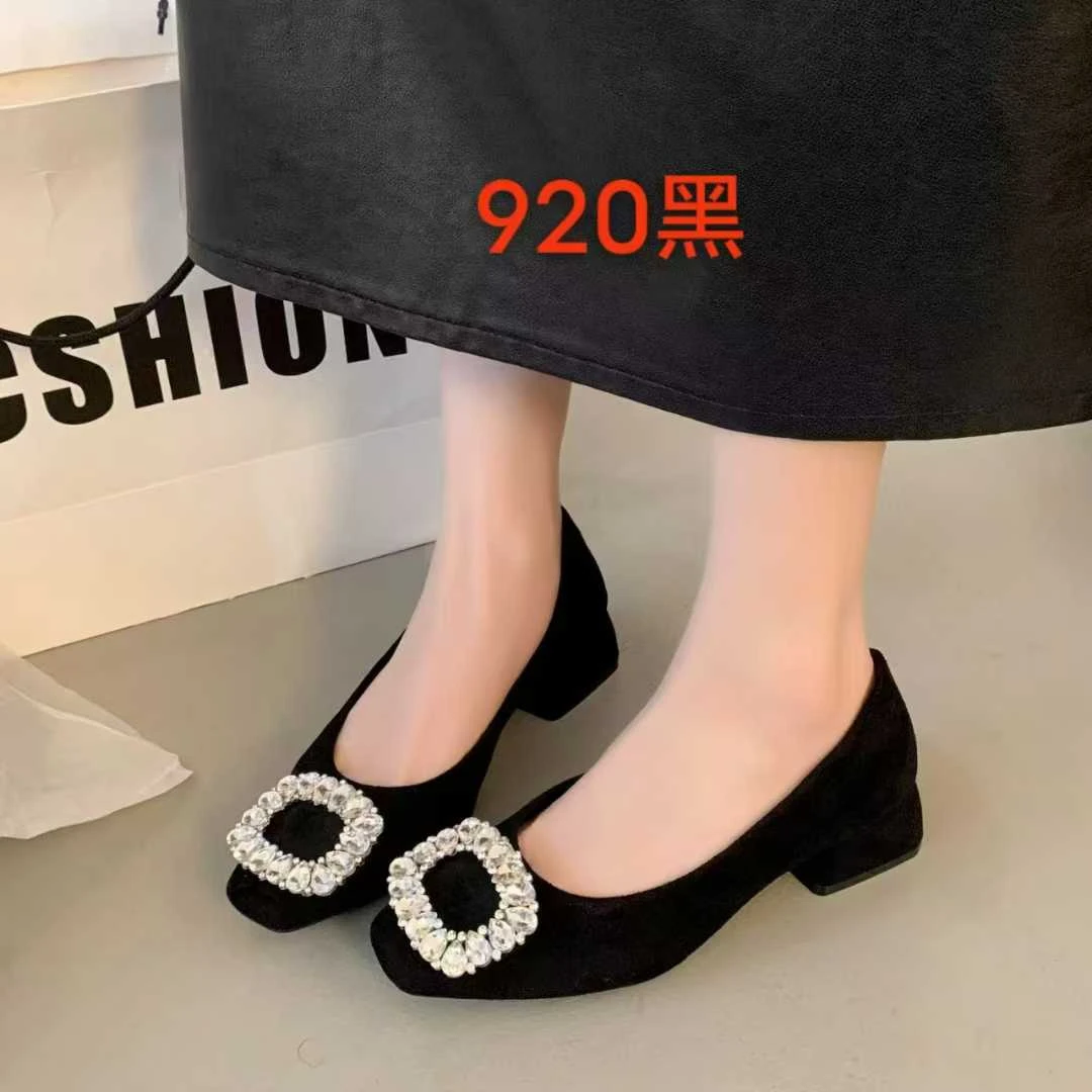 920方头浅口一脚蹬粗跟单鞋软底女鞋尖头低跟