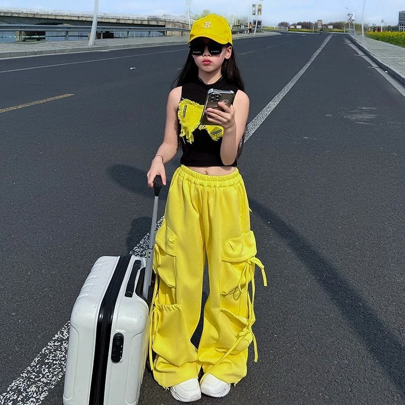 女童2025新款套装夏季洋气贴布蝴蝶背心休闲韩版工装裤炸街两件套