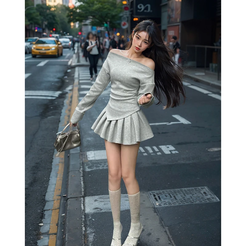 2025年春季新款休闲运动气质一字肩收腰显瘦卫衣+百褶半身裙套装