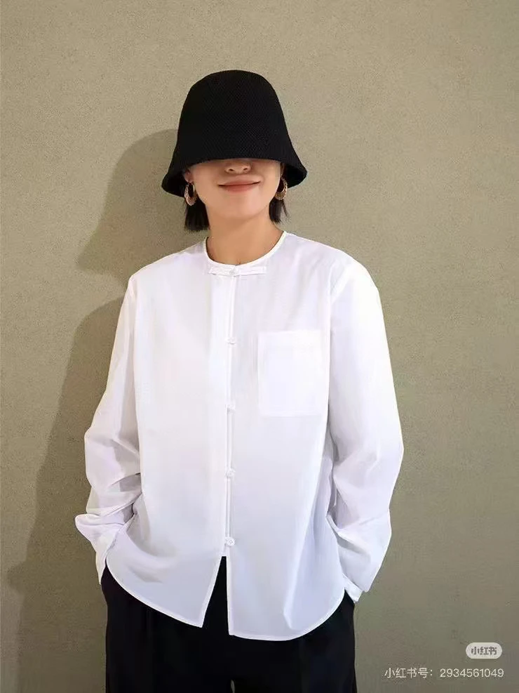 南油2025年春季新款 简约宽松新中式大气 领口盘扣衬衫材质棉