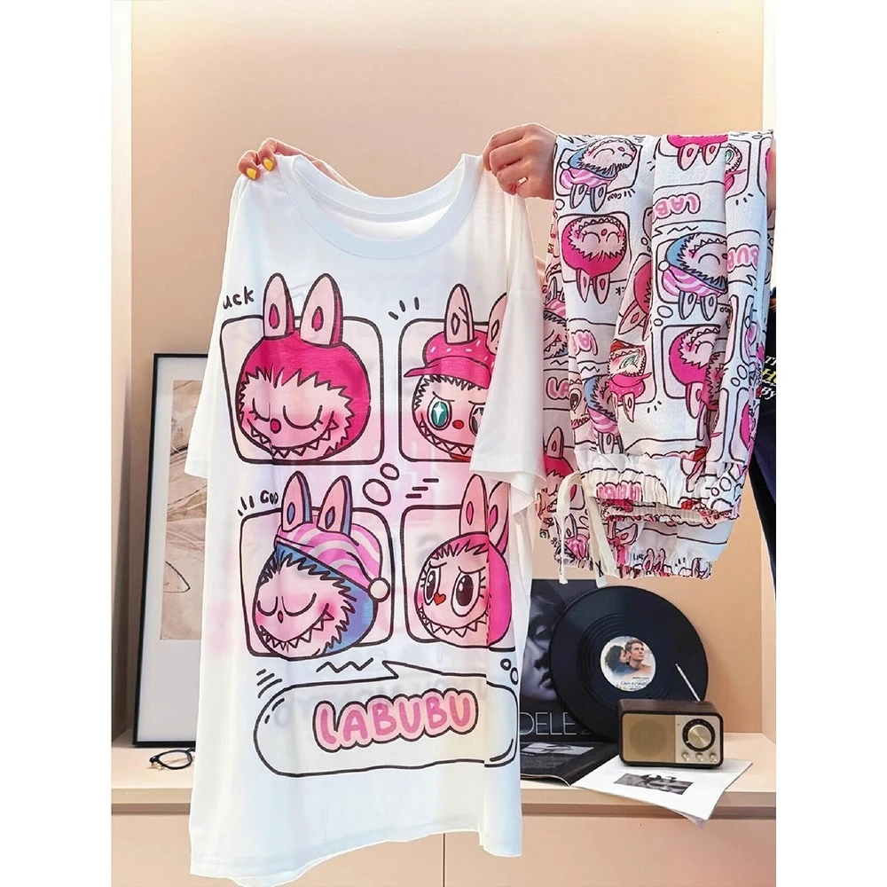 可爱拉布布印花宽松短袖睡衣女2025年夏季大码长裤居家服可外穿