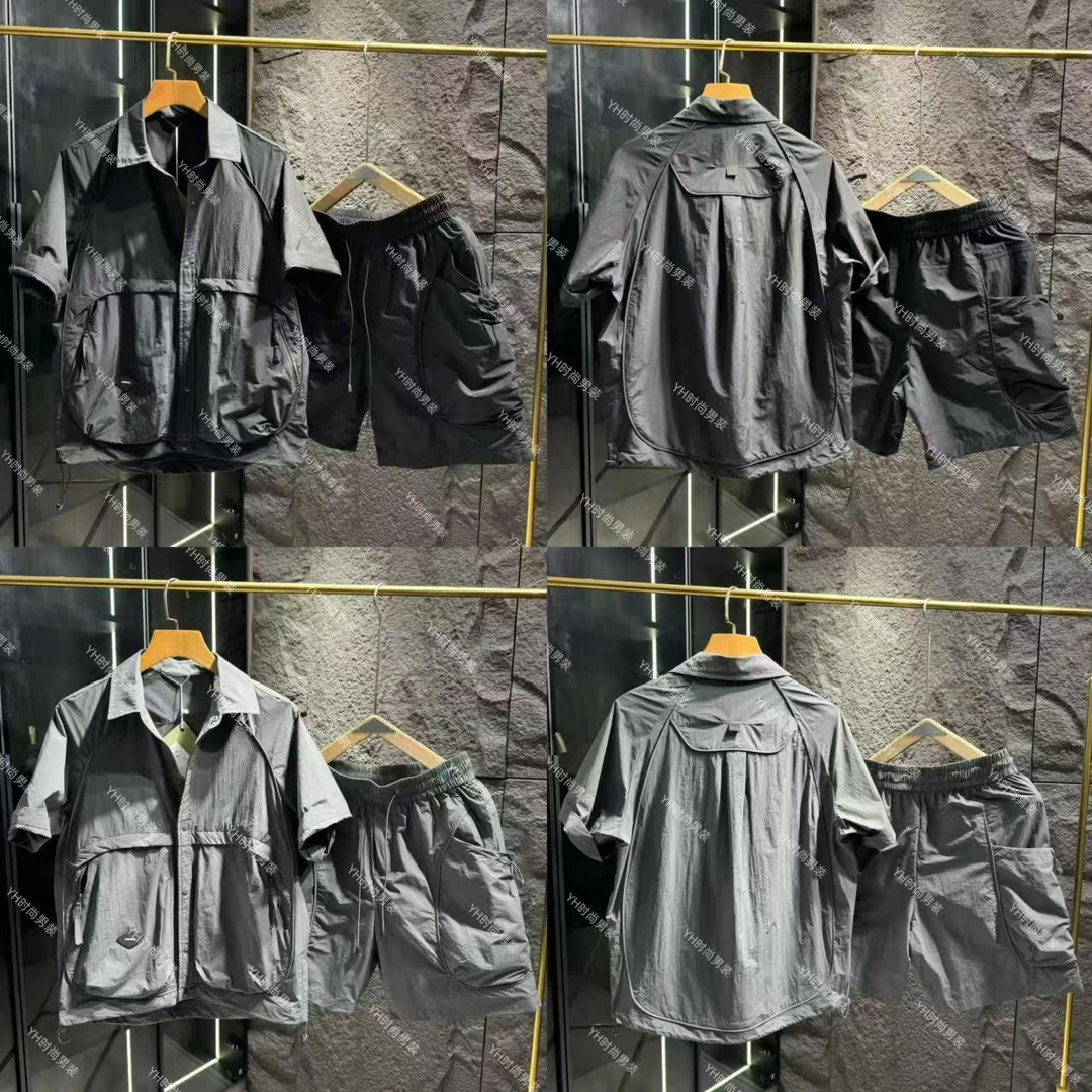 2025夏季新款时尚潮流工装翻领短袖衬衫套装宽松休闲百搭两件套男