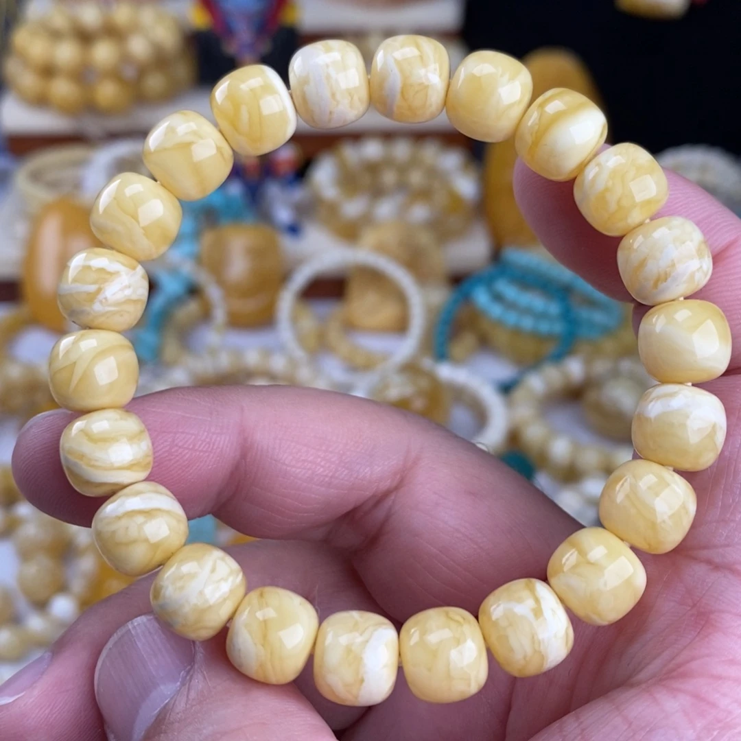 蜜蜡未镶嵌手链瓷白细纹白蜡虎皮纹10mm