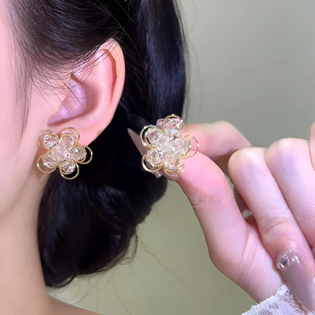 铜合金仿水晶耳饰 双层简约花朵耳钉气质耳环新款百搭时尚小众女I