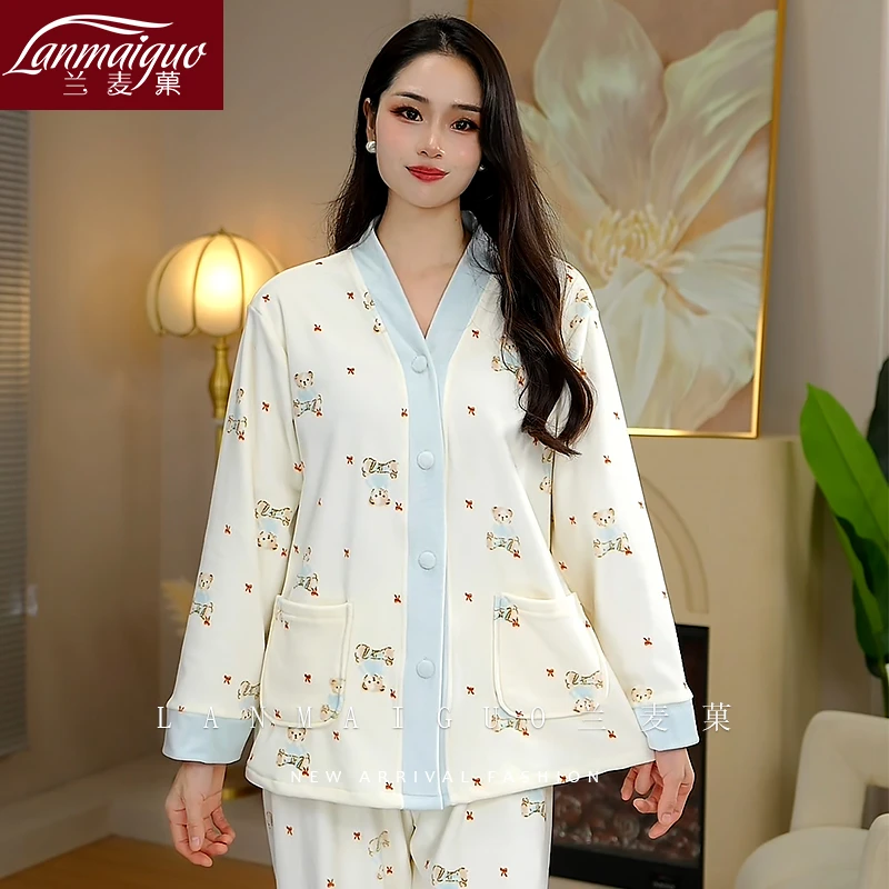 兰麦菓【海岛绒】加绒保暖睡衣女士套装2025秋冬新款V领加厚家居服