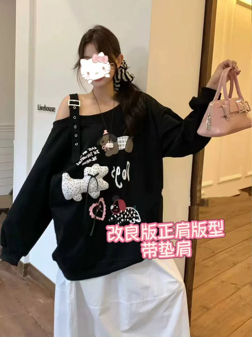 【雯雯子定制】2025秋季新款大码女装韩系斜肩卡通长袖T恤卫衣