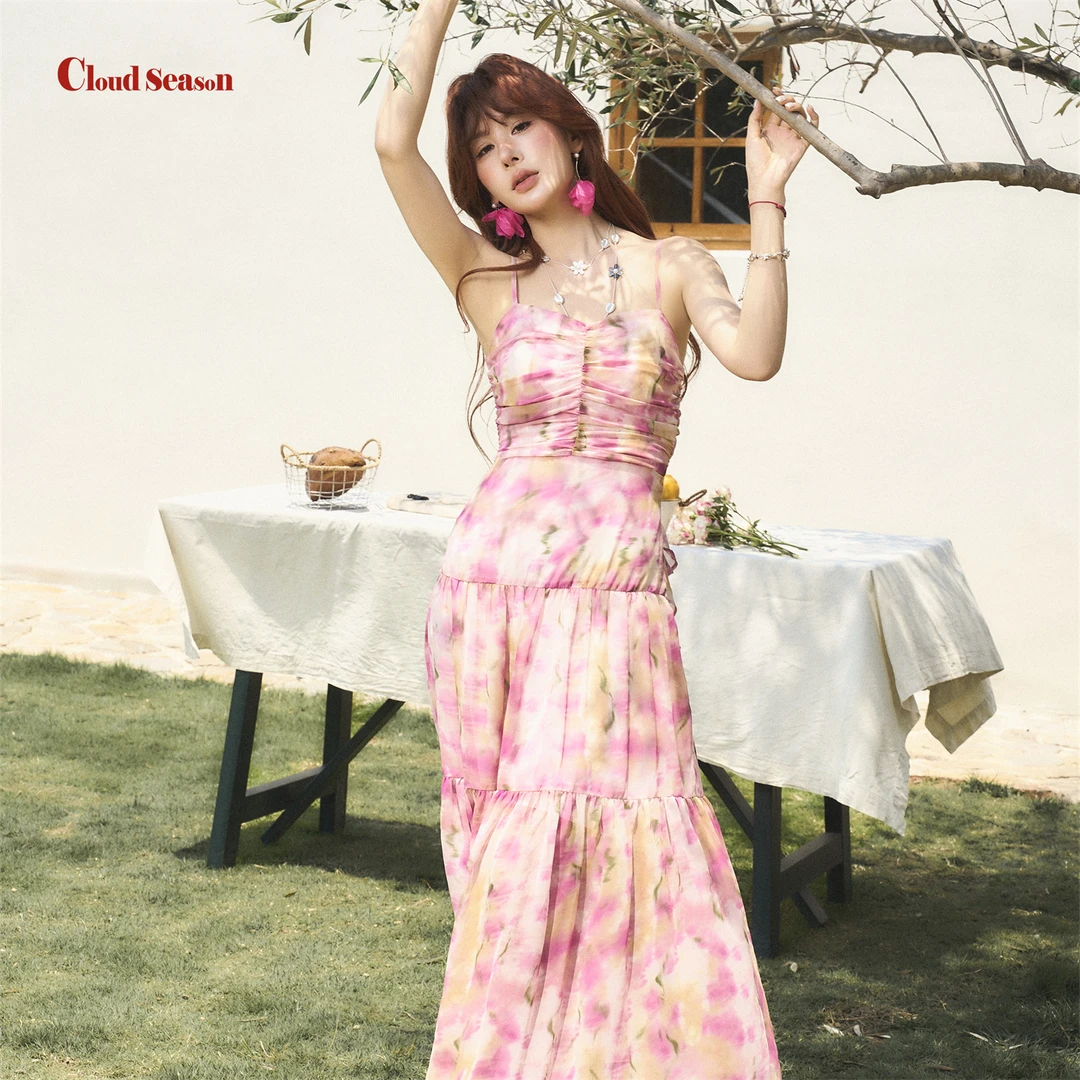 CLOUDSEASON微醺玫瑰碎花连衣裙2025新款今年流行爆款吊带连衣裙