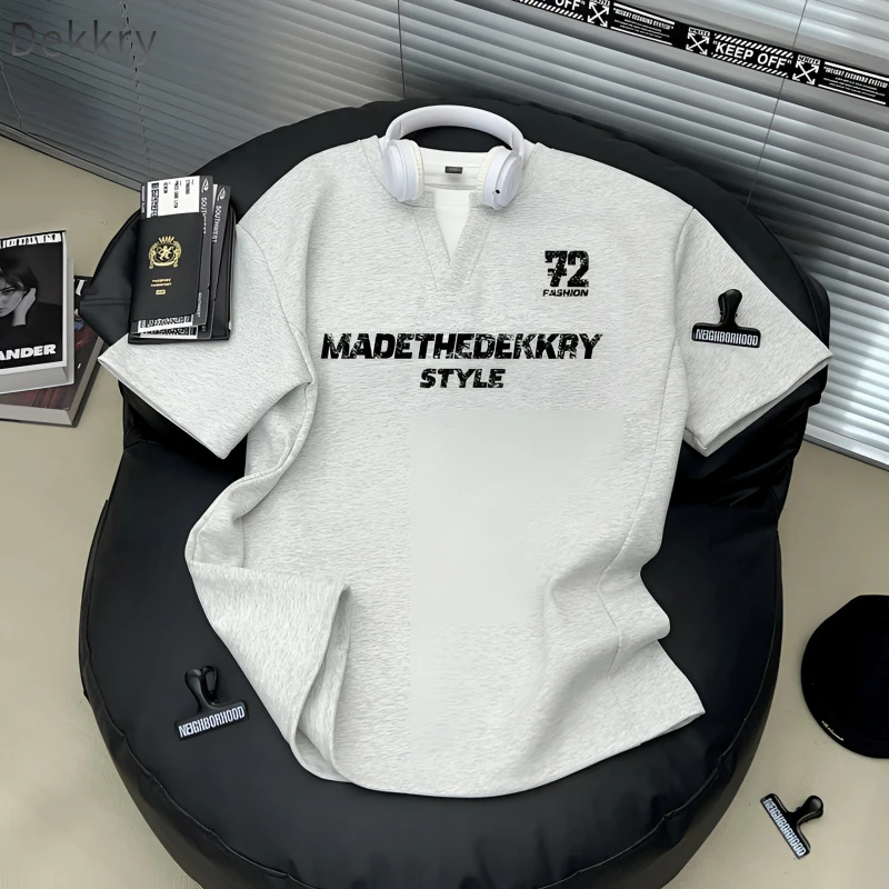 【Dekkry】夏季潮牌宽松百搭纯棉拼接美式高街字母假两件短袖t恤男