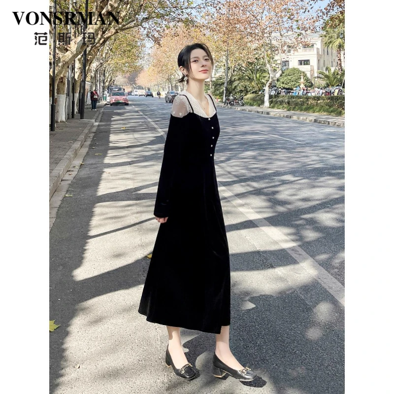 丝绒赫本风连衣裙女士2025秋季新款法式复古设计假两件套拼接长裙