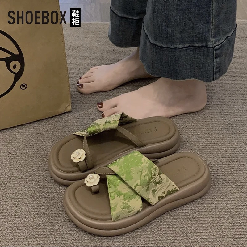 SHOEBOX鞋柜厚底套趾拖鞋女2025夏新款国风新中式山茶花一字拖鞋