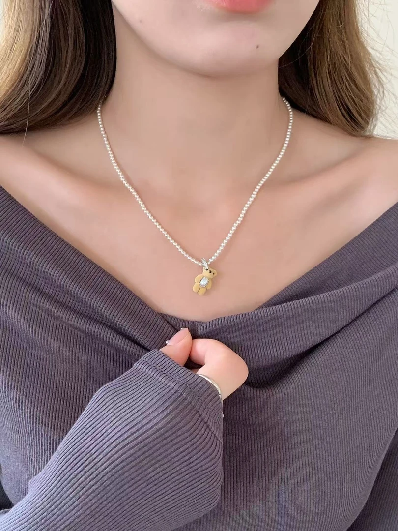 铜合金仿珍珠项链 可爱植绒迷你小熊珍珠宝石项链秋冬新款少女风