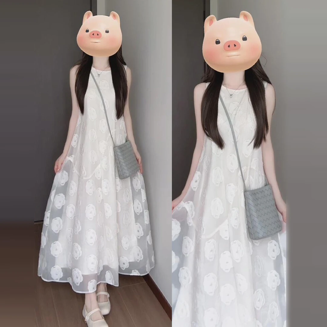 2025夏季穿搭新款法式气质白色连衣裙子女简单大方的无袖a字长裙