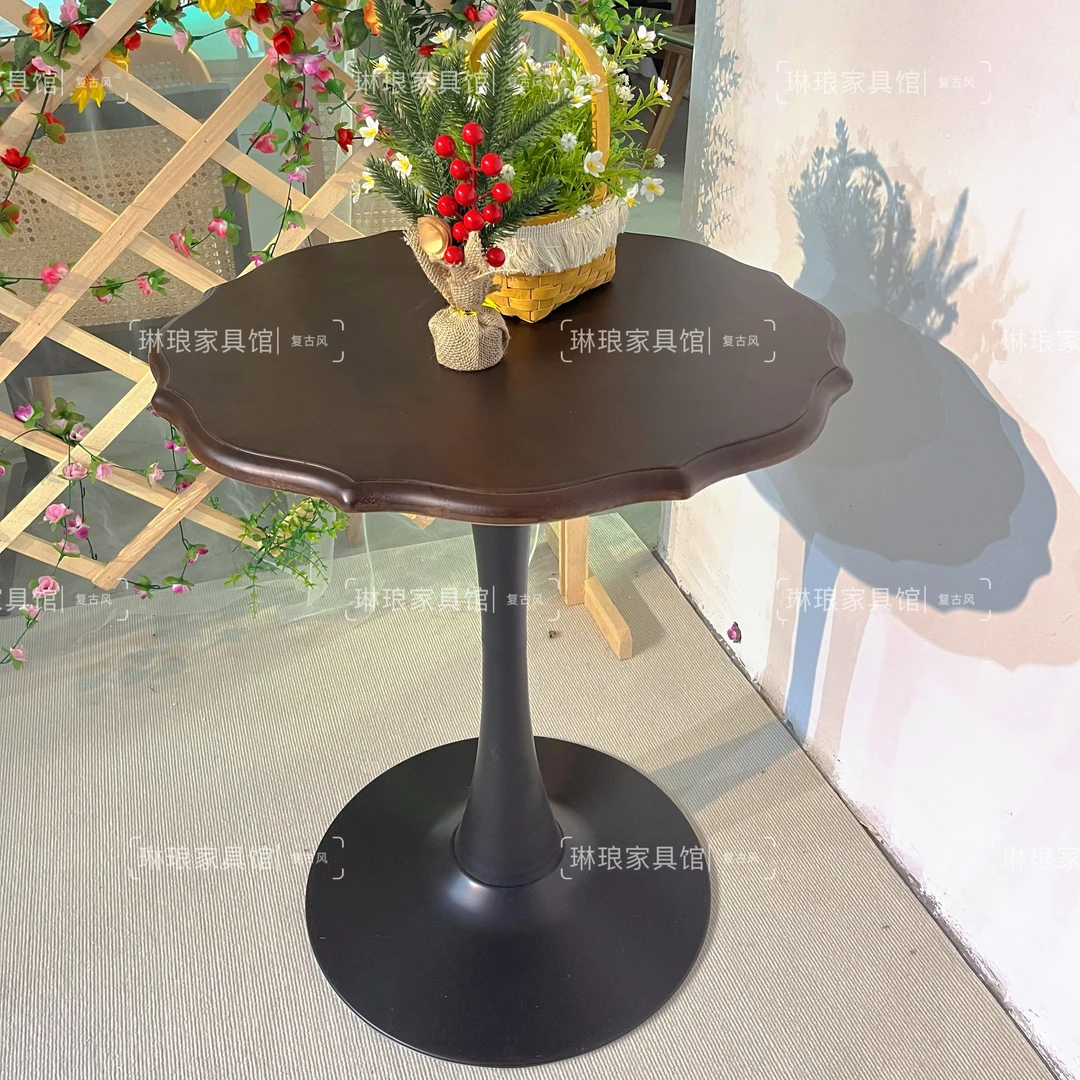 餐桌椅组合实木洽谈桌复古小餐桌圆形阳台小圆桌中古咖啡桌子茶桌