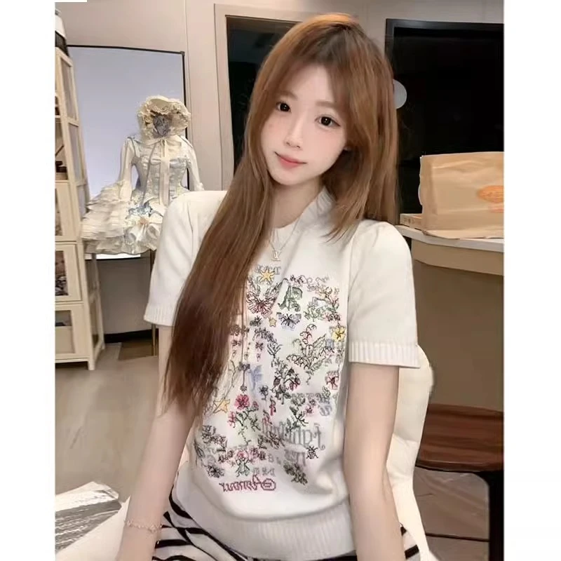 时尚高级感重工刺绣花卉小香风针织短袖t恤女夏季新款设计感上衣