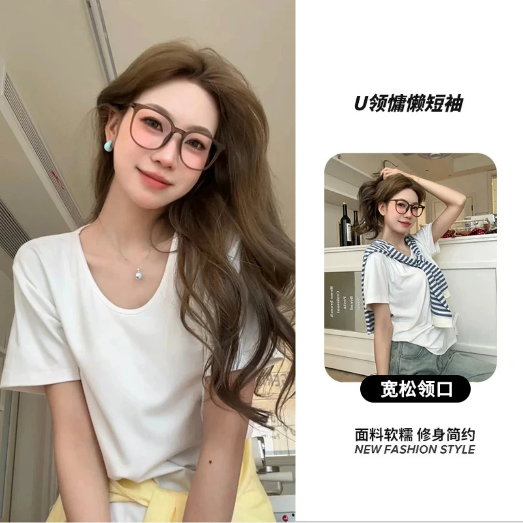 2025新款慵懒风T恤白色女正肩大V领宽松显瘦百搭夏季纯色短袖上衣