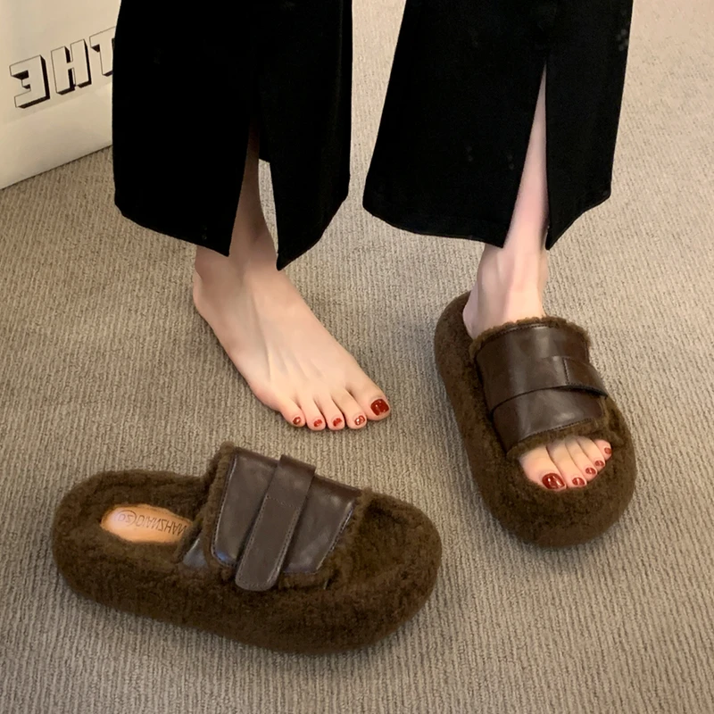 厚底毛毛拖鞋女外穿2025新款秋冬季网红韩版羊羔毛茸茸一字棉拖鞋