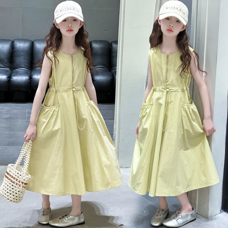 女童连衣裙无袖夏装新款中大童大口袋背心裙子洋气系带收腰棉布裙