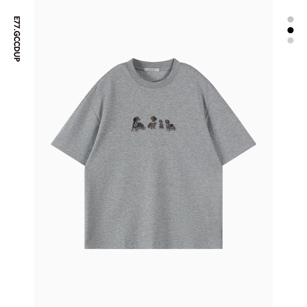 GCCDUPE77夏季珍珠小狗印花短袖圆领百搭简约高级感情侣T恤2387