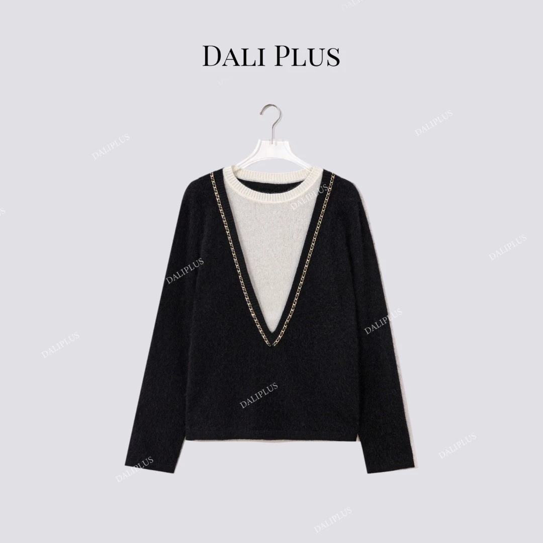 DALI PLUS“绵羊毛+山羊绒”手工链接撞色假两件针织衫-D5CH5168