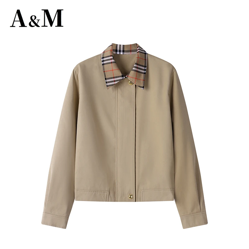 新款卡其色外套短款时尚休闲女士气质设计师简约拼接秋季经典翻领