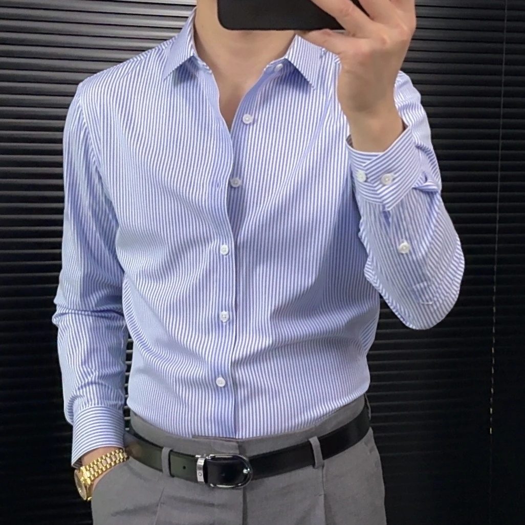 蓝色竖条纹长袖衬衫男士商务休闲抗皱免烫春季时尚衬衣夏季薄款