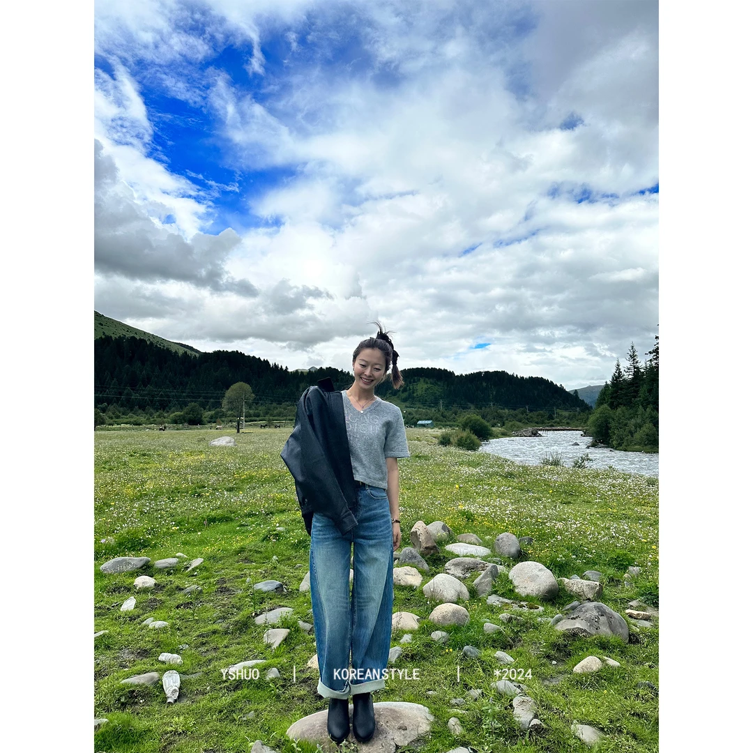 【暮色萤火】时尚V领秋季亮杂色柔软短袖上衣 24589