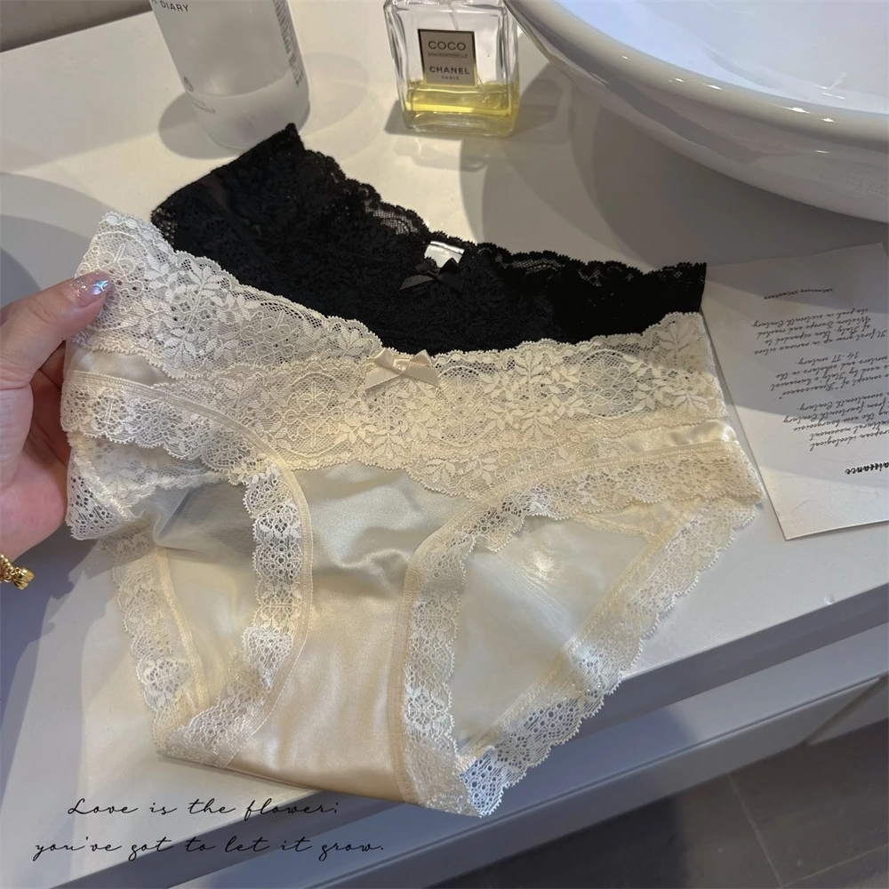 缎面蕾丝女士内裤性感半透纯欲风魅力少女法式低腰包臀三角裤