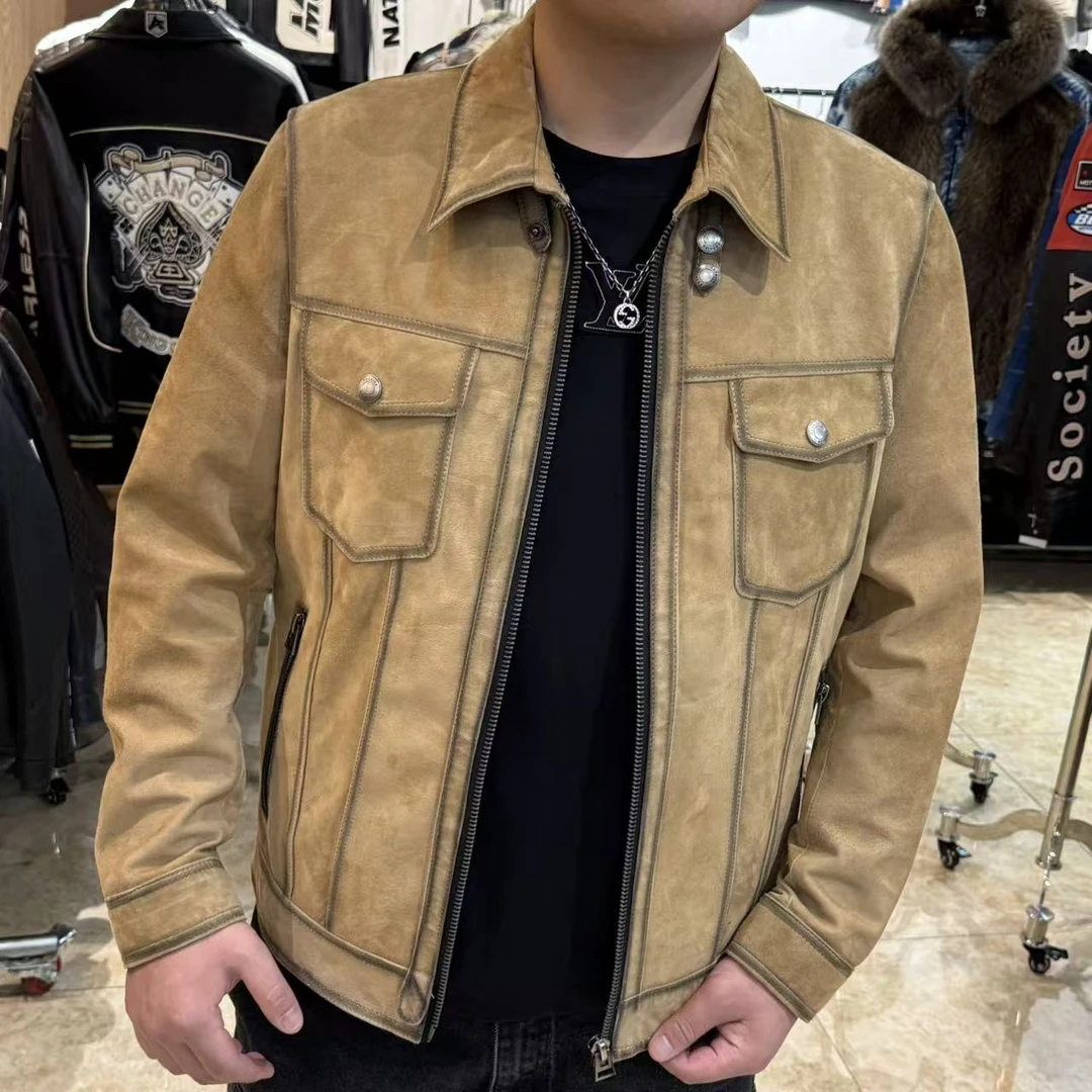 男士真皮山羊皮春秋单款夹克轻奢休闲正绒9906（做旧卡其色）现货