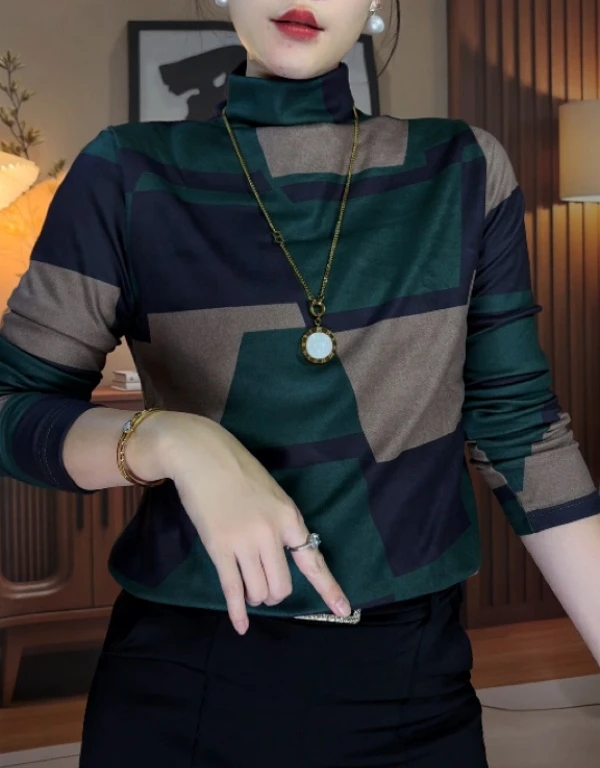 【新品】2025年新款秋冬星空绒保暖高级堆堆领打底衫-绿格