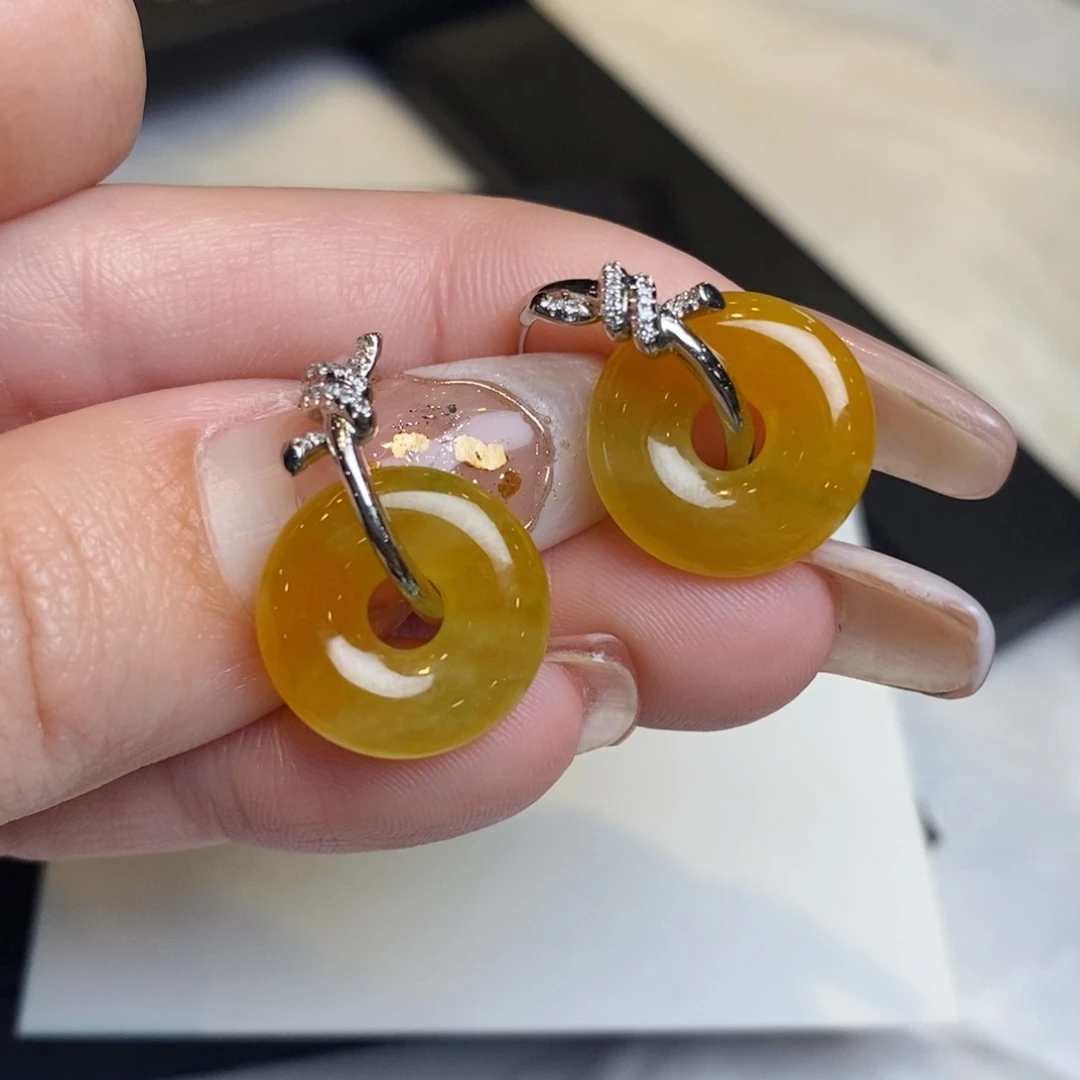 翡翠耳饰18K金镶嵌夕**沐冰红翡甜甜圈